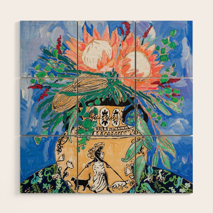 Cat Walk: Protea and Banksia Bouquet Floral Still Life with Greek Urn featuring Woman Walking Cats Wood Wall Art Gallery Image 1
