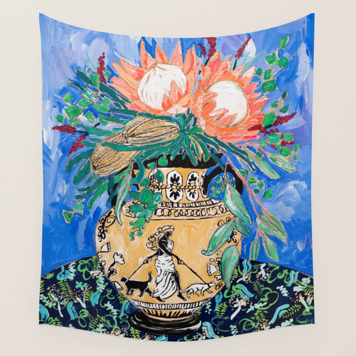 Cat Walk: Protea and Banksia Bouquet Floral Still Life with Greek Urn featuring Woman Walking Cats Wall Tapestry Gallery Image 4