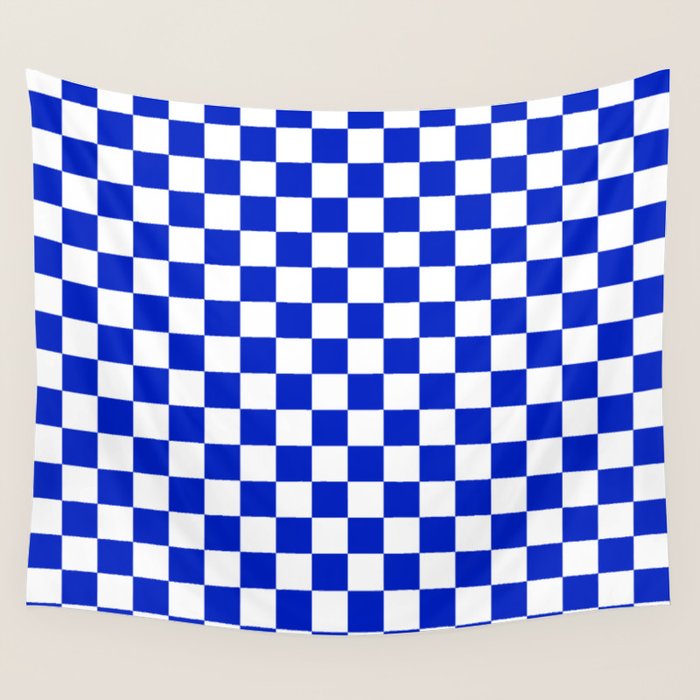 Cobalt Blue and White Checkerboard Pattern Wall Tapestry Gallery Image 4