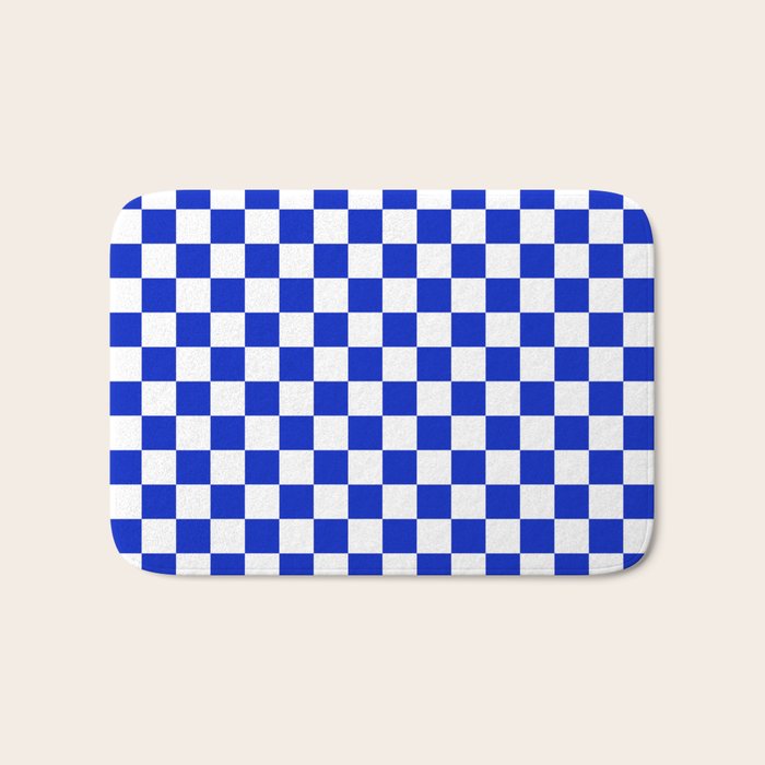 Cobalt Blue and White Checkerboard Pattern Bath Mat Gallery Image 1