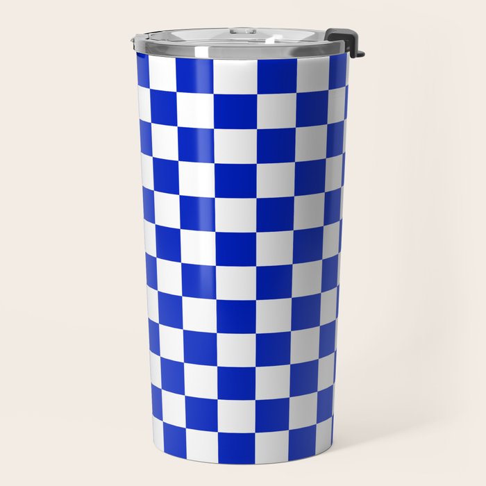 Cobalt Blue and White Checkerboard Pattern Travel Mug Gallery Image 2