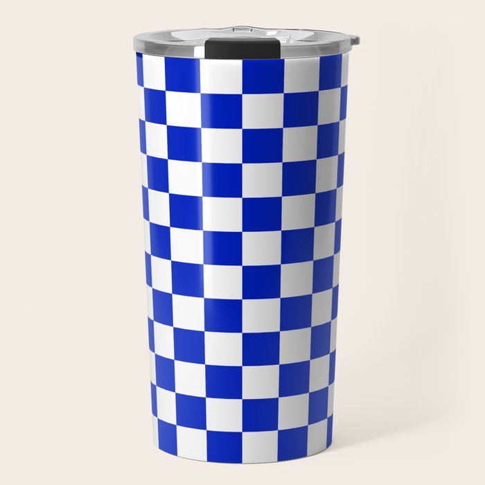 Cobalt Blue and White Checkerboard Pattern Travel Mug Gallery Image 1