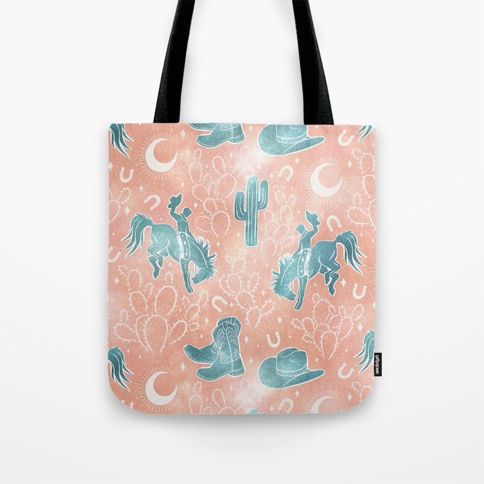 Cosmic Cowboys and Cacti -  peach and turquoise  Tote Bag Gallery Image 1