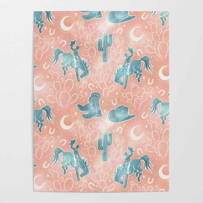 Cosmic Cowboys and Cacti -  peach and turquoise  Poster Gallery Image 1