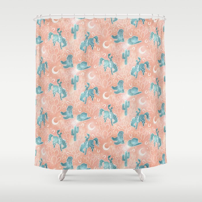 Cosmic Cowboys and Cacti -  peach and turquoise  Shower Curtain Gallery Image 1