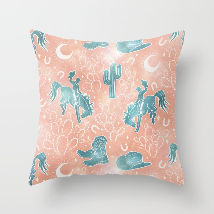 Cosmic Cowboys and Cacti -  peach and turquoise  Throw Pillow Gallery Image 6