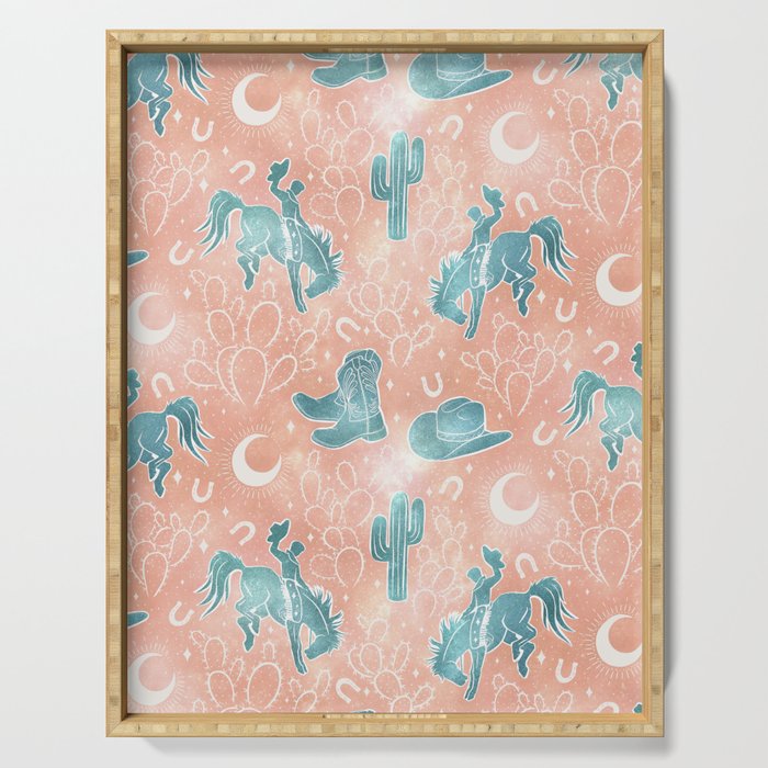 Cosmic Cowboys and Cacti -  peach and turquoise  Serving Tray Gallery Image 1