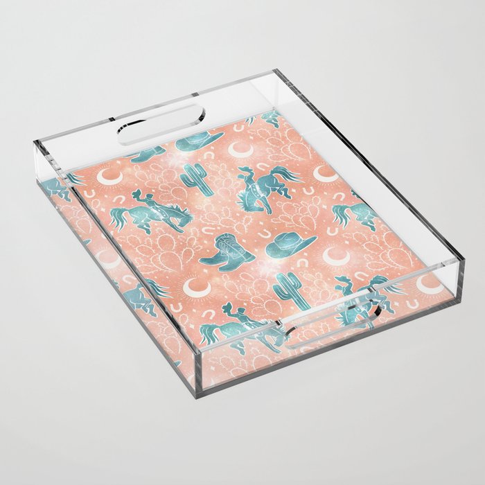 Cosmic Cowboys and Cacti -  peach and turquoise  Acrylic Tray Gallery Image 1