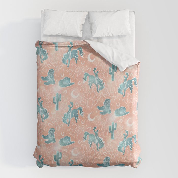 Cosmic Cowboys and Cacti -  peach and turquoise  Duvet Cover Gallery Image 6
