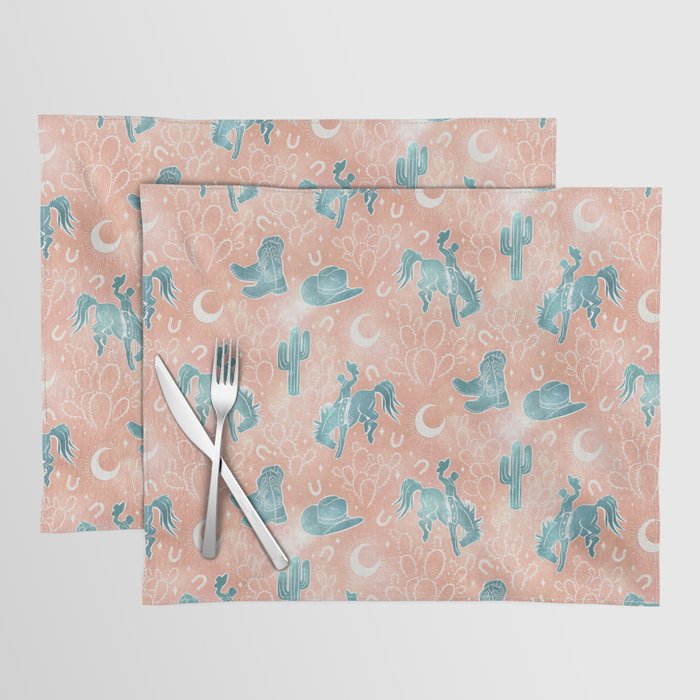 Cosmic Cowboys and Cacti -  peach and turquoise  Placemat Gallery Image 1