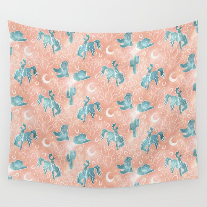 Cosmic Cowboys and Cacti -  peach and turquoise  Wall Tapestry Gallery Image 4