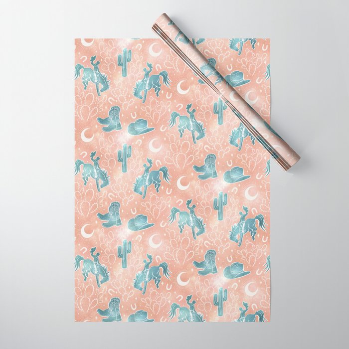 Cosmic Cowboys and Cacti -  peach and turquoise  Wrapping Paper Gallery Image 1