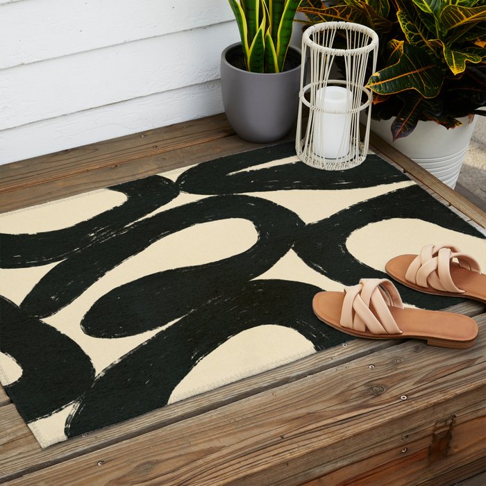 Abstract black shapes pattern N01 Outdoor Rug Gallery Image 2
