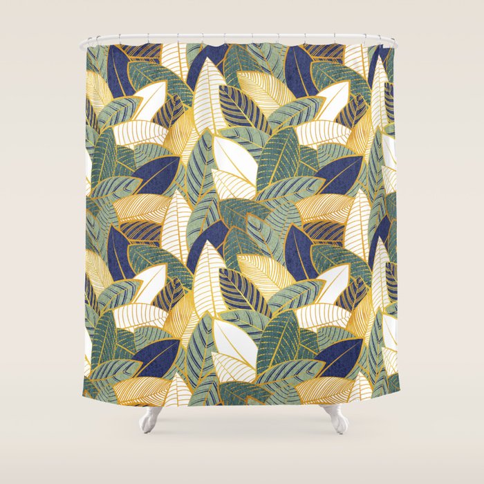 Leaf wall // navy blue pine and sage green leaves golden lines Shower Curtain Gallery Image 1