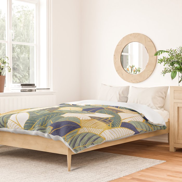 Leaf wall // navy blue pine and sage green leaves golden lines Duvet Cover Gallery Image 2