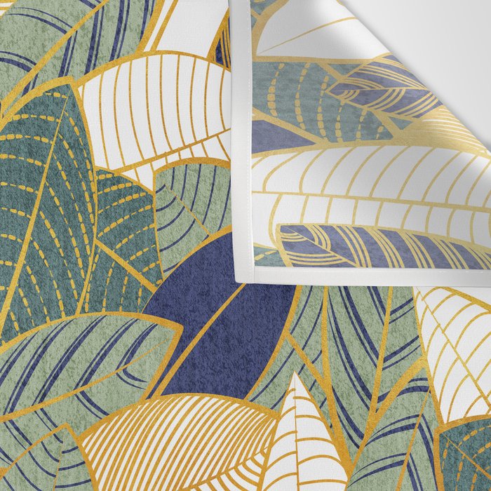 Leaf wall // navy blue pine and sage green leaves golden lines Wall Tapestry Gallery Image 3