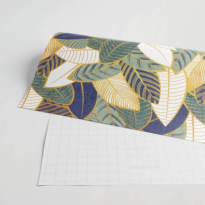 Leaf wall // navy blue pine and sage green leaves golden lines Wrapping Paper Gallery Image 2