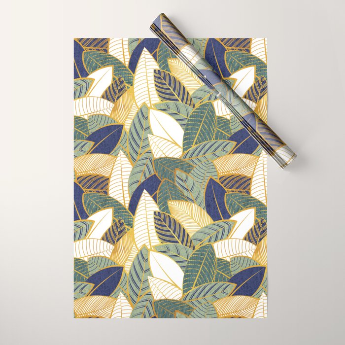 Leaf wall // navy blue pine and sage green leaves golden lines Wrapping Paper Gallery Image 1