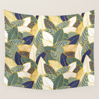 Leaf wall // navy blue pine and sage green leaves golden lines Wall Tapestry Gallery Image 4