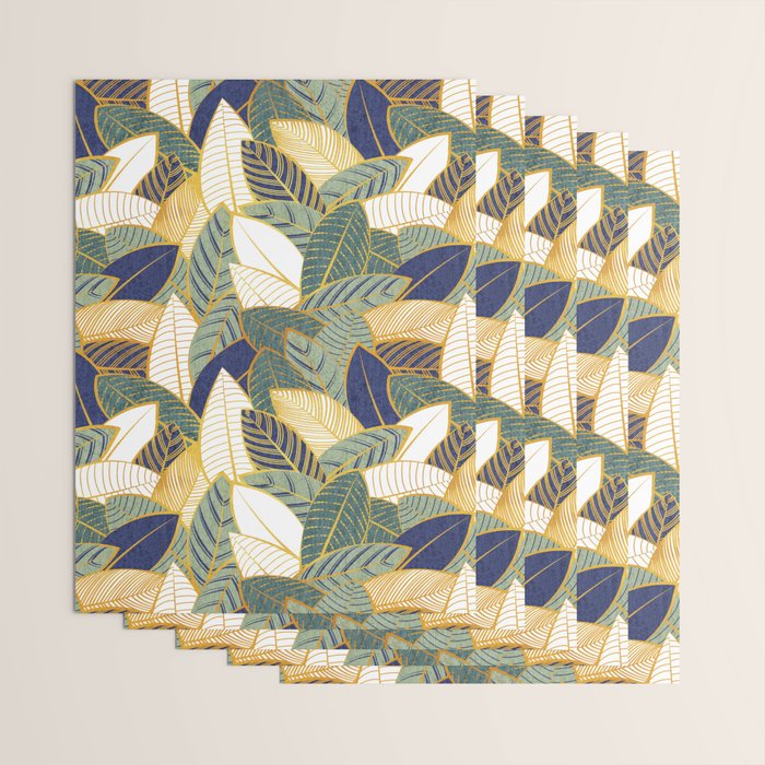 Leaf wall // navy blue pine and sage green leaves golden lines Wrapping Paper Gallery Image 3