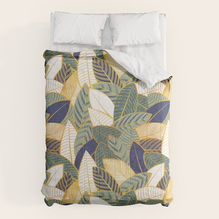 Leaf wall // navy blue pine and sage green leaves golden lines Comforter Gallery Image 6
