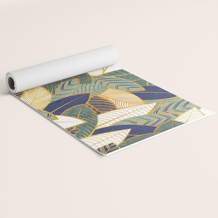 Leaf wall // navy blue pine and sage green leaves golden lines Yoga Mat Gallery Image 2