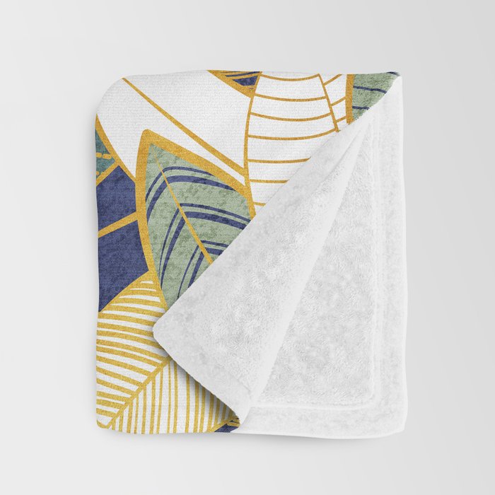 Leaf wall // navy blue pine and sage green leaves golden lines Throw Blanket Gallery Image 3