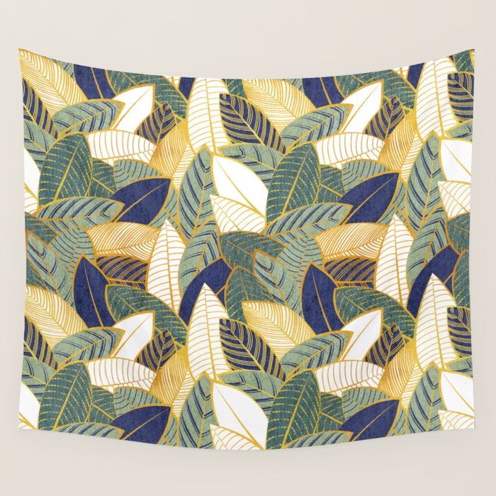 Leaf wall // navy blue pine and sage green leaves golden lines Wall Tapestry Gallery Image 1