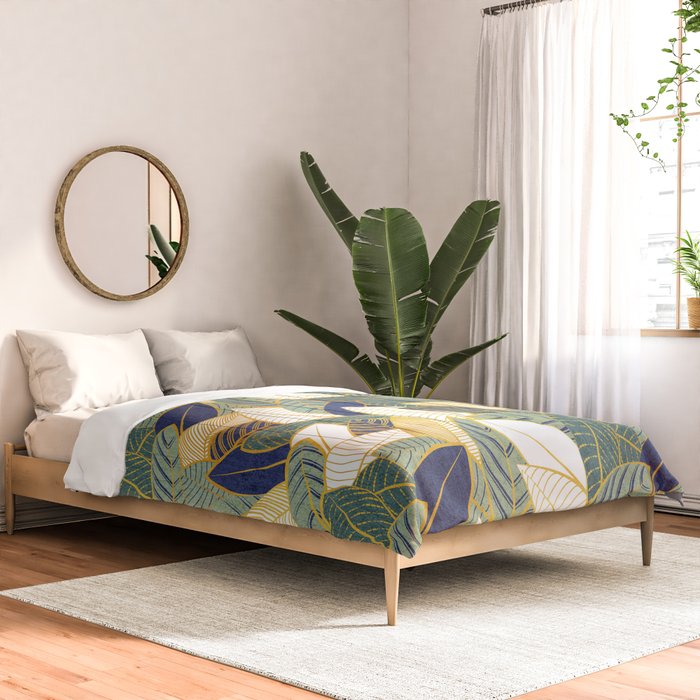 Leaf wall // navy blue pine and sage green leaves golden lines Comforter Gallery Image 2