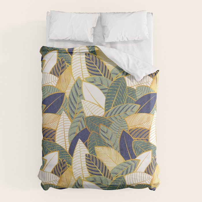 Leaf wall // navy blue pine and sage green leaves golden lines Duvet Cover Gallery Image 1