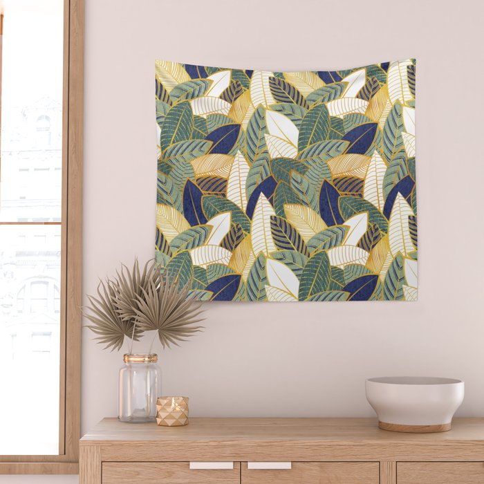 Leaf wall // navy blue pine and sage green leaves golden lines Wall Tapestry Gallery Image 2