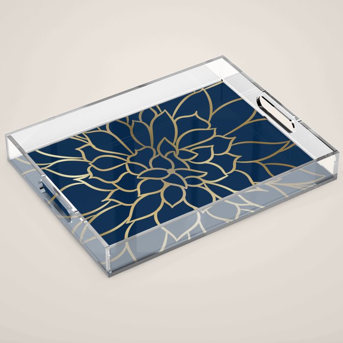 Floral Prints, Line Art, Navy Blue and Gold Acrylic Tray Gallery Image 1