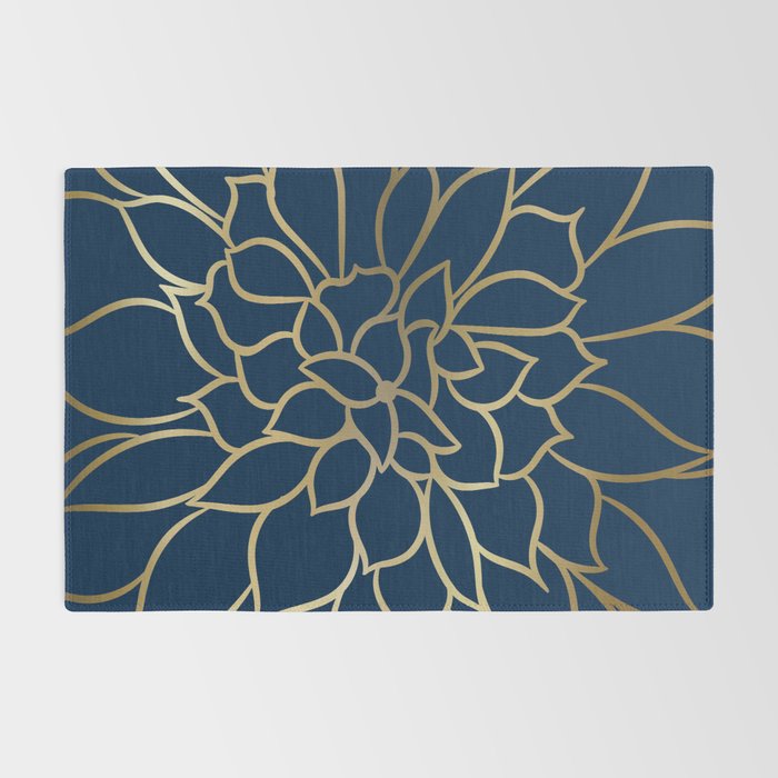 Floral Prints, Line Art, Navy Blue and Gold Rug Gallery Image 2