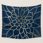 Floral Prints, Line Art, Navy Blue and Gold Wall Tapestry Gallery Image 4