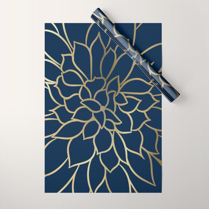 Floral Prints, Line Art, Navy Blue and Gold Wrapping Paper Gallery Image 1