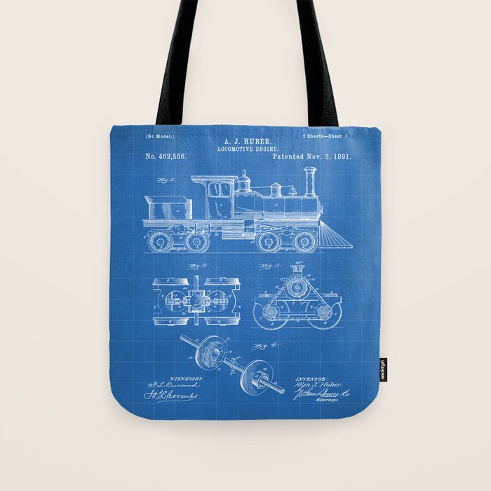 Train Locomotive Patent - Steam Train Art - Blueprint Tote Bag Gallery Image 1