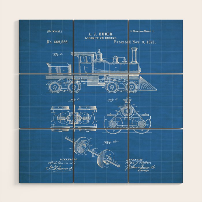 Train Locomotive Patent - Steam Train Art - Blueprint Wood Wall Art Gallery Image 1