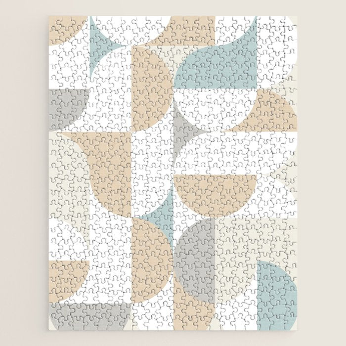 Mid-Mod Sun and Moon pattern - earthy grey blue pastels  Jigsaw Puzzle Gallery Image 1