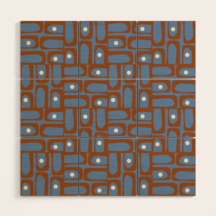 Mid Century Modern Piquet Abstract Multi Pattern in Blue and Brown Wood Wall Art Gallery Image 1