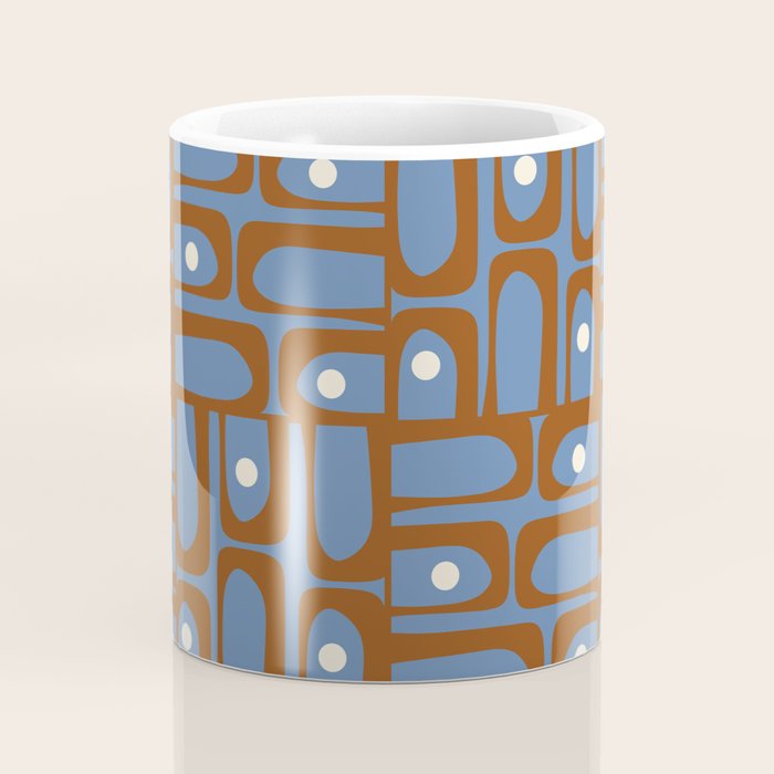 Mid Century Modern Piquet Abstract Multi Pattern in Blue and Brown Coffee Mug Gallery Image 4