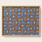 Mid Century Modern Piquet Abstract Multi Pattern in Blue and Brown Serving Tray Gallery Image 1
