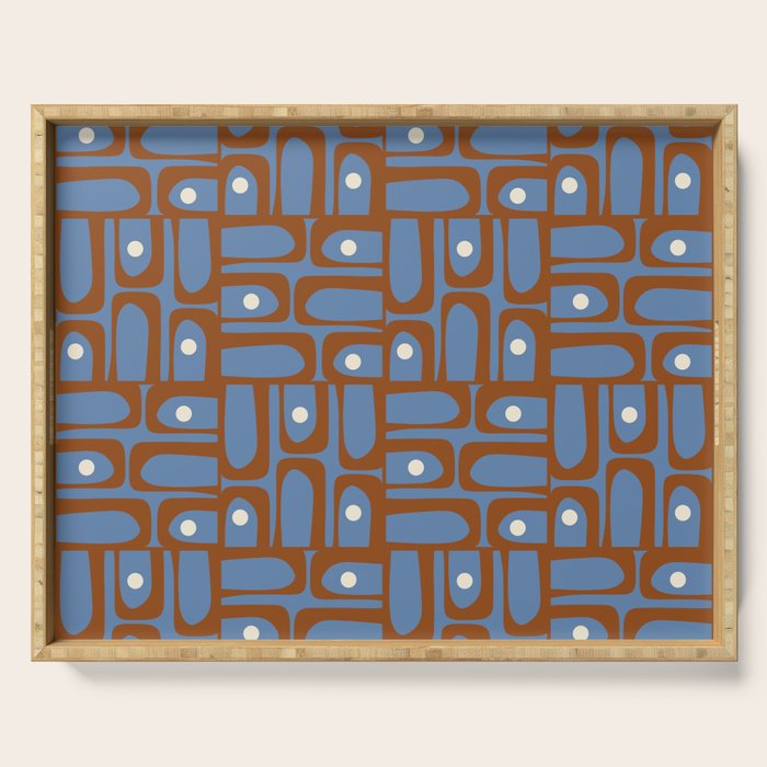 Mid Century Modern Piquet Abstract Multi Pattern in Blue and Brown Serving Tray Gallery Image 1