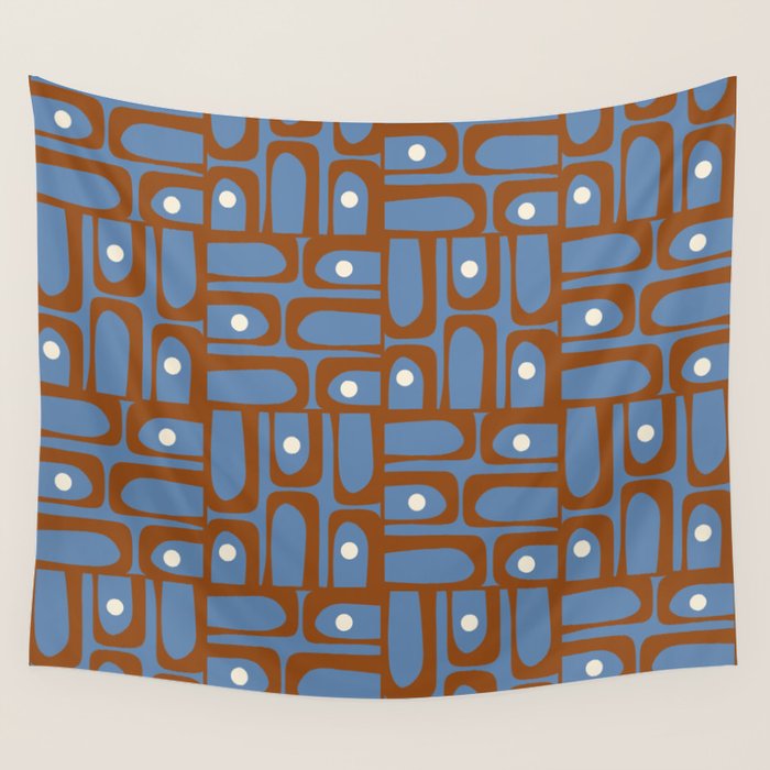 Mid Century Modern Piquet Abstract Multi Pattern in Blue and Brown Wall Tapestry Gallery Image 4