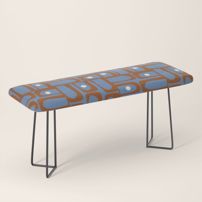 Mid Century Modern Piquet Abstract Multi Pattern in Blue and Brown Bench Gallery Image 1