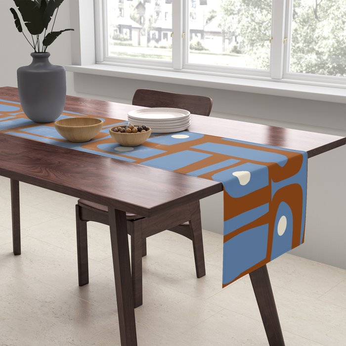 Mid Century Modern Piquet Abstract Multi Pattern in Blue and Brown Table Runner Gallery Image 2