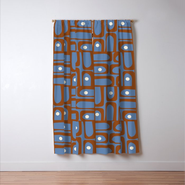 Mid Century Modern Piquet Abstract Multi Pattern in Blue and Brown Window Curtain Gallery Image 3