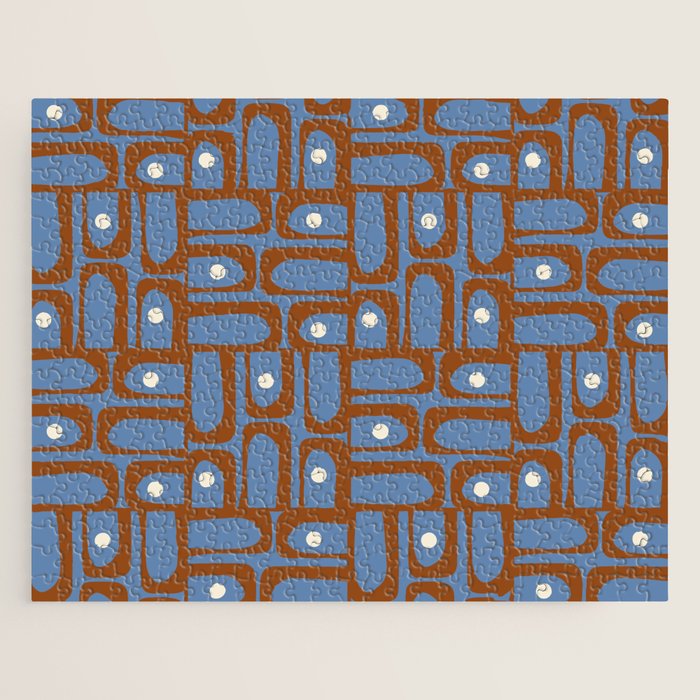 Mid Century Modern Piquet Abstract Multi Pattern in Blue and Brown Jigsaw Puzzle Gallery Image 1
