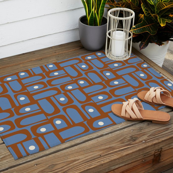 Mid Century Modern Piquet Abstract Multi Pattern in Blue and Brown Outdoor Rug Gallery Image 2