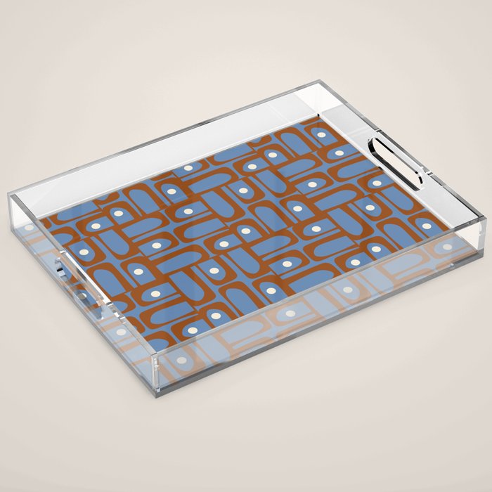 Mid Century Modern Piquet Abstract Multi Pattern in Blue and Brown Acrylic Tray Gallery Image 1