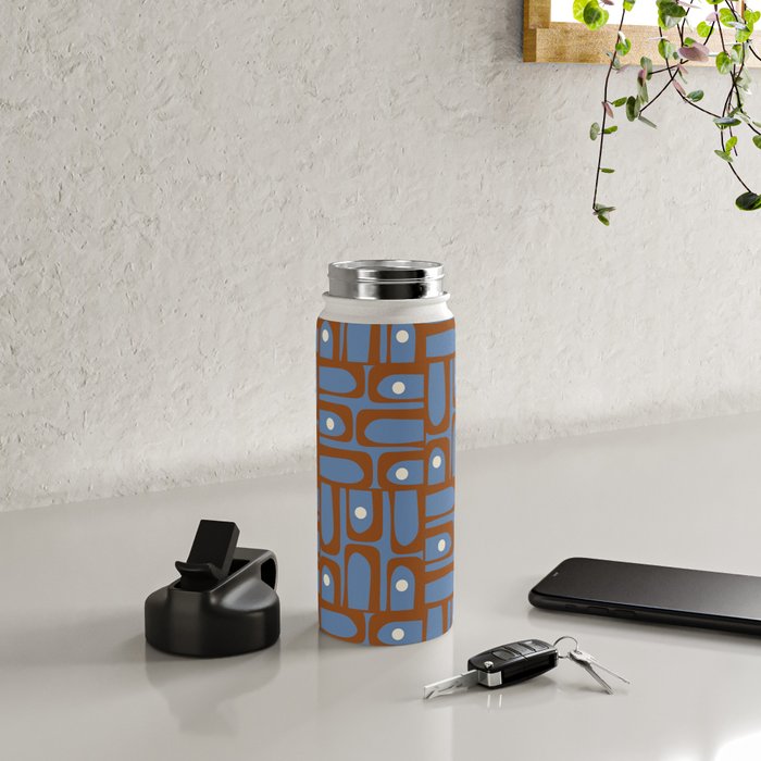 Mid Century Modern Piquet Abstract Multi Pattern in Blue and Brown Water Bottle Gallery Image 4